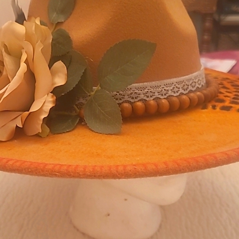 Hand Crafted Beige Orange Floral Bolero Hat Burned Outlines  Feathers Flowers - Picture 10 of 15